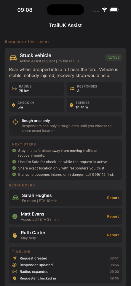 A genuine TrailUK Assist demo showing a non-emergency help request and nearby responders