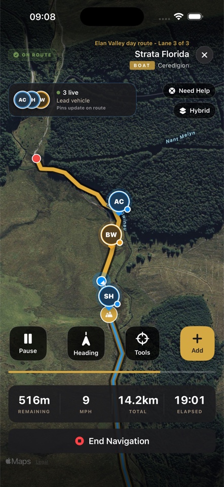 A genuine TrailUK live navigation demo showing convoy members on the route map