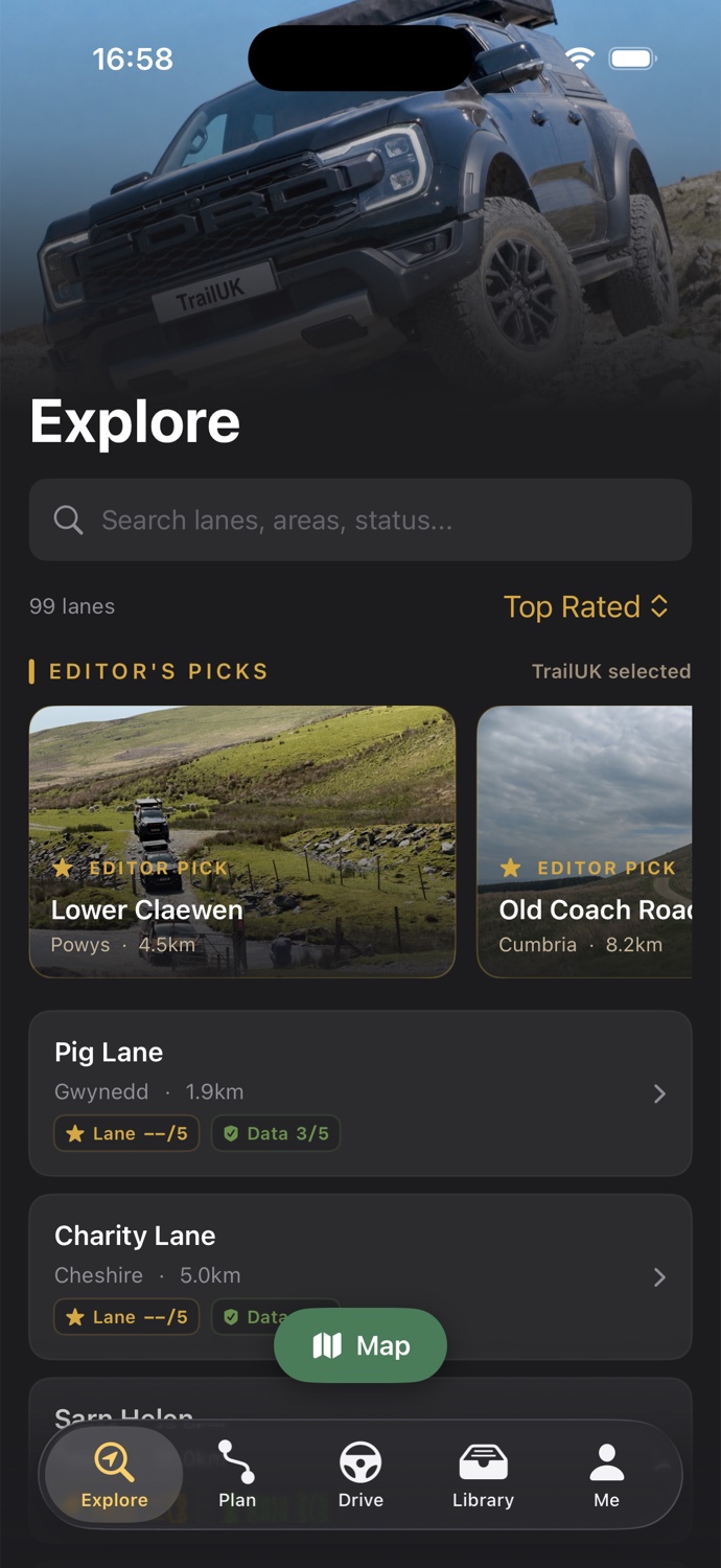 The TrailUK Explore screen showing lane search, featured lanes and nearby routes