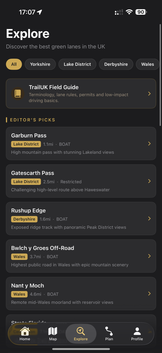 TrailUK screenshot of the Explore screen