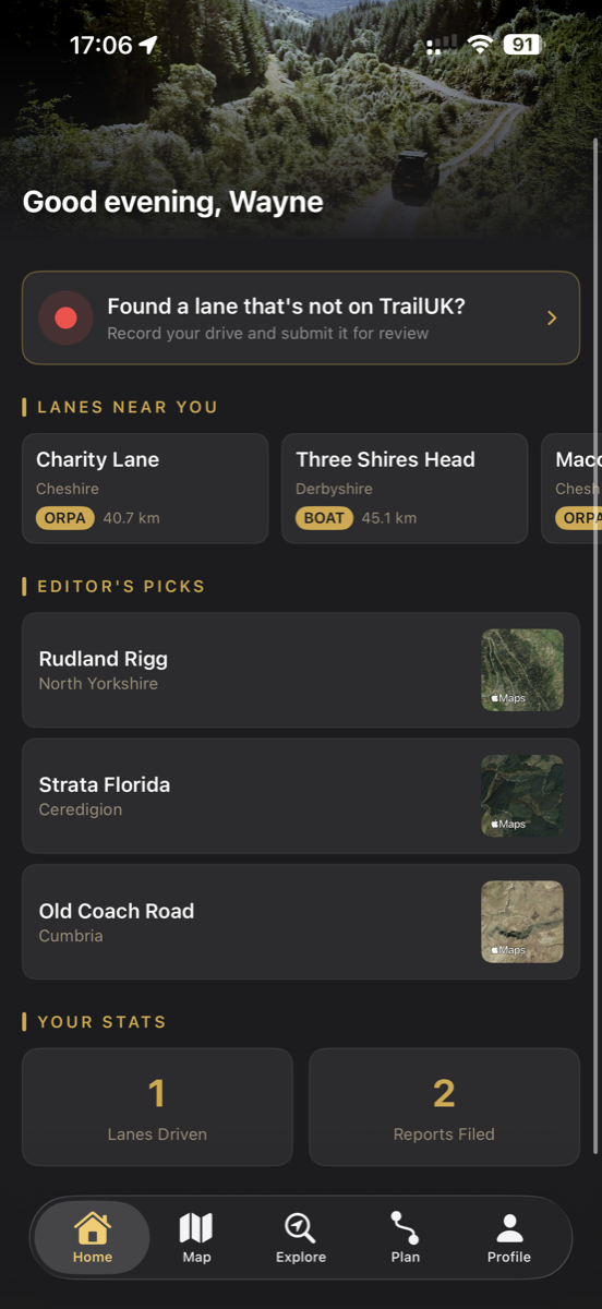 TrailUK home screen showing lanes near you, editor's picks and driver stats
