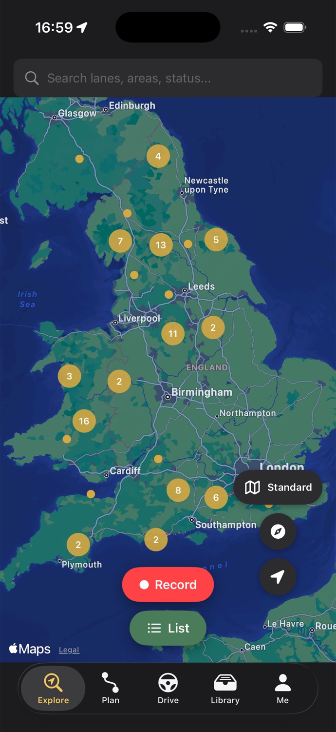 The TrailUK map showing green lanes across the UK with search and map controls
