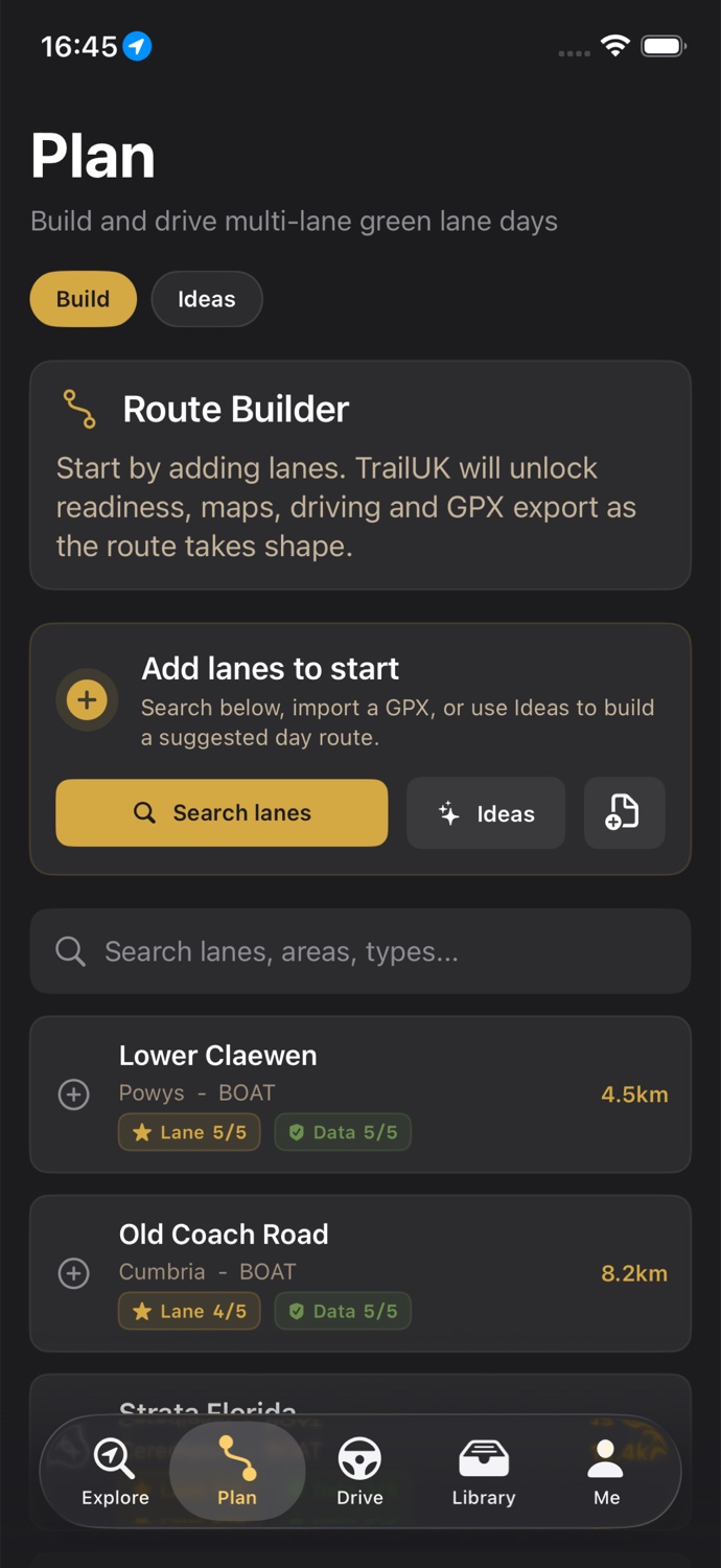 The TrailUK Plan screen showing an ordered multi-lane route and Lane Day controls