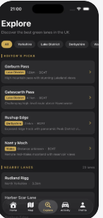 TrailUK screenshot of the Explore screen with lane cards and filters
