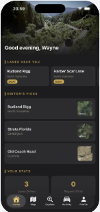 TrailUK screenshot of the Home screen with nearby lanes and editor picks
